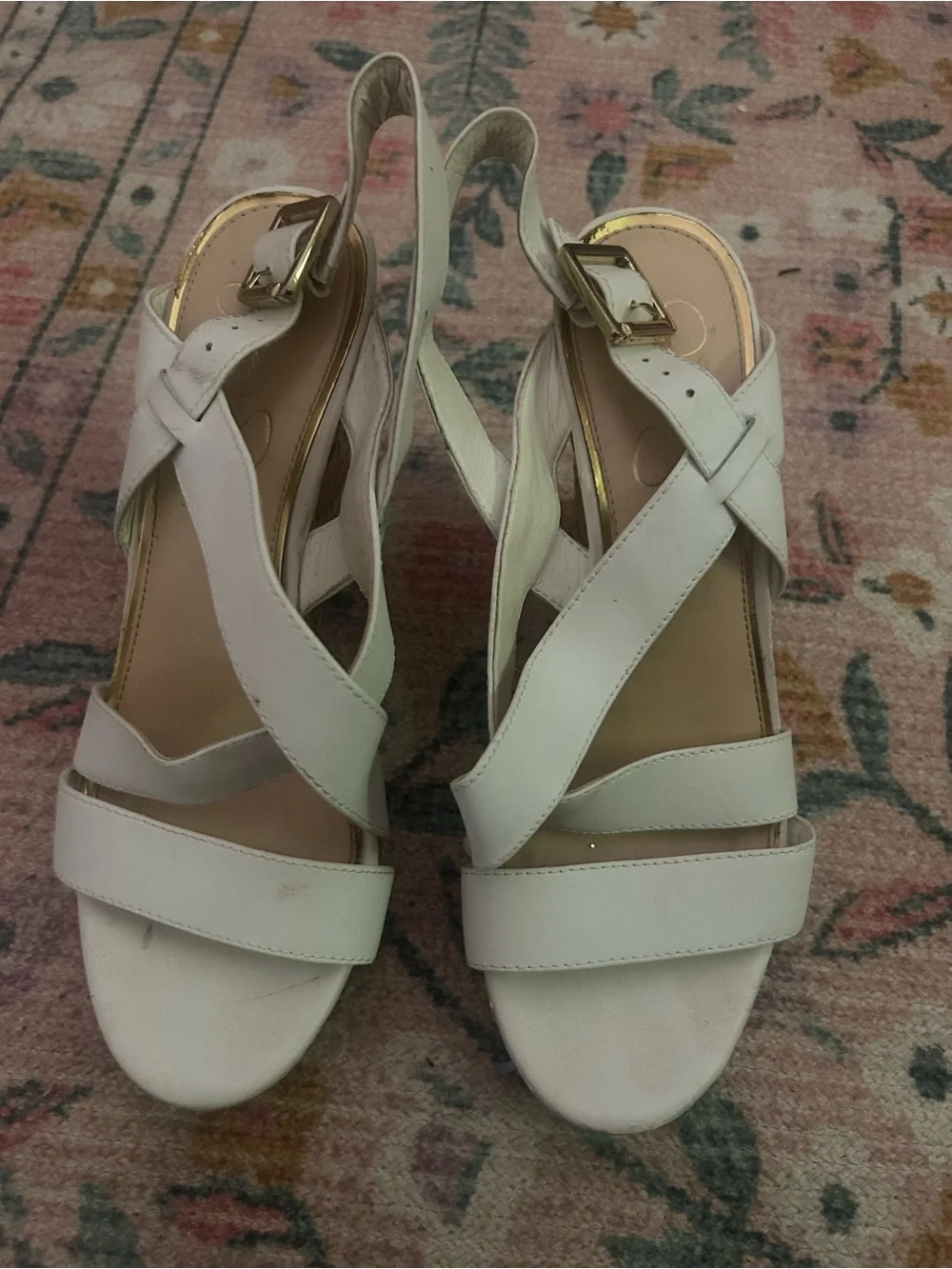 Jessica Simpson Cream Woven Wedge Sandals with Ankle Buckle
